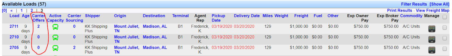 Carrier Offers column next to the Active Capacity column on the Freight Operations Dashboard.