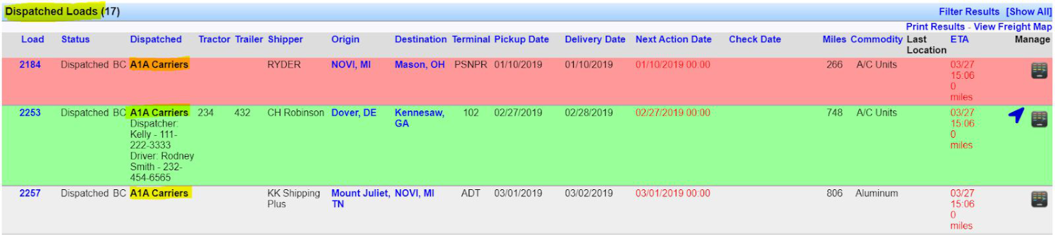 Active Capacity results showing a current dispatch matched as available capacity near the load origin.