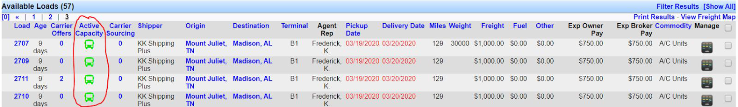 Active Capacity column in the Available Loads section of the Freight Operations Dashboard.