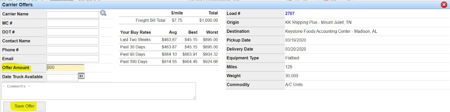 Record Carrier Offer window with offer amount and other applicable fields, plus Save Offer button.