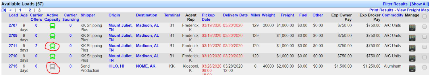 Truck icons in the Active Capacity column shown in green and grayed-out states.