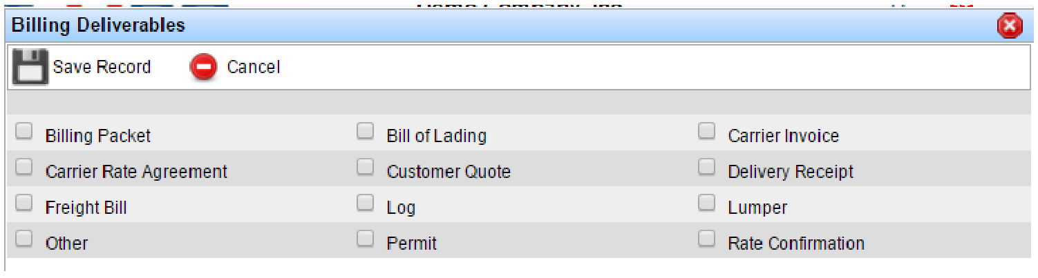 Billing Deliverables window with document type checkboxes.