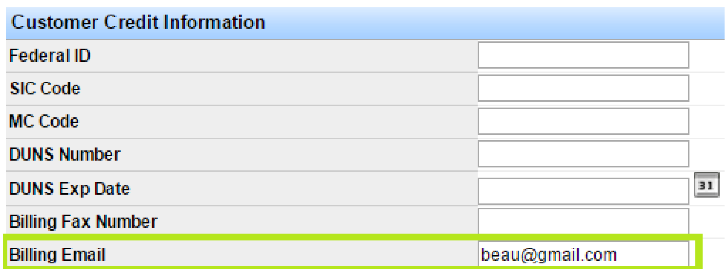 Customer Credit Information section including billing email and credit status.
