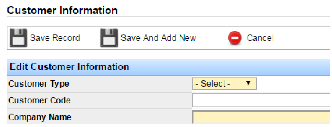 Customer Information form showing Customer Type, Customer Code, and Company Name fields.