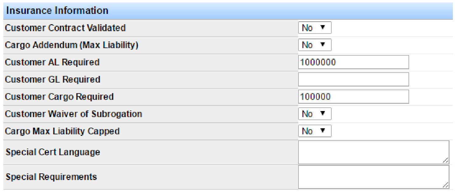 Insurance Information section on the Customer Information form.