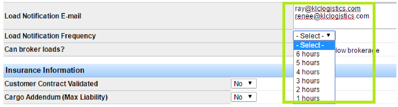 Load notification email and frequency fields on the Customer Information form.
