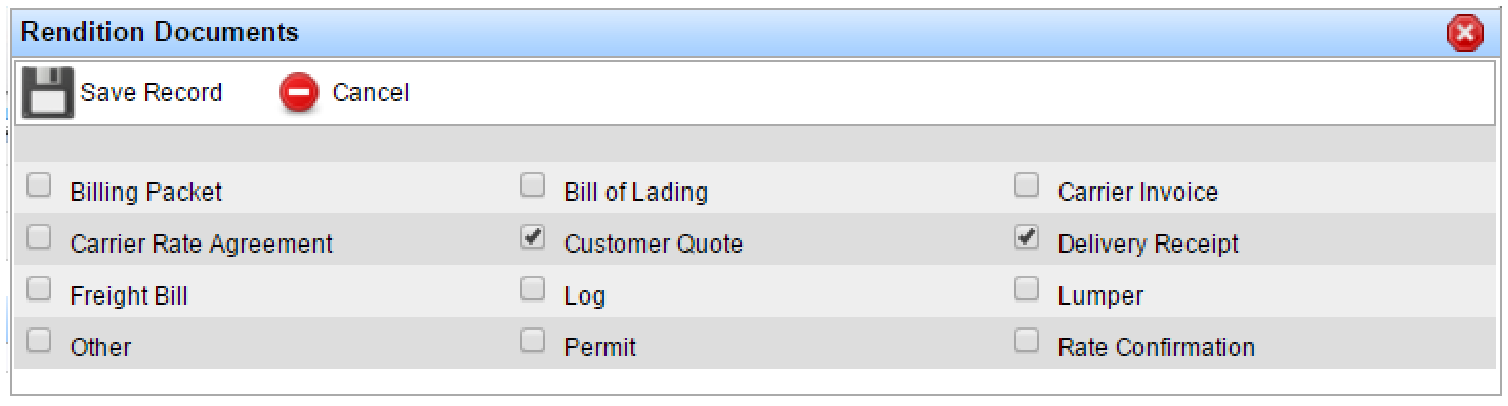 Rendition Documents window with document type checkboxes.