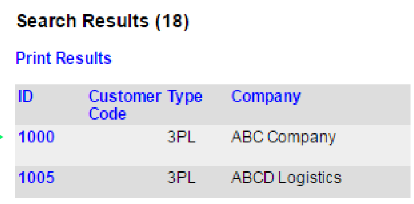 Search Customers results list with customer ID links.