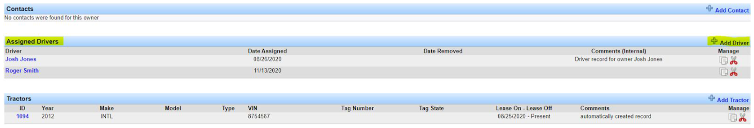 Assigned Drivers section with Add Driver used to link drivers to the owner.