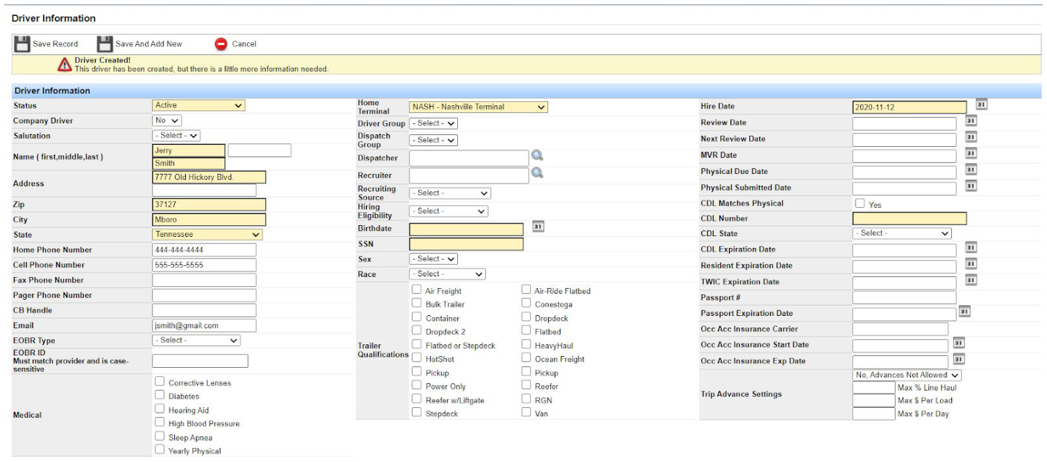 Driver Information screen for an owner operator with fields carried over from the owner profile.