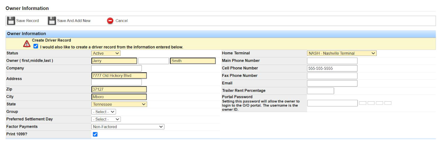 Owner Information form with create driver record checkbox and owner contact fields.
