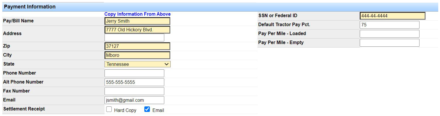 Payment Information section with Copy Information From Above link and settlement pay fields.