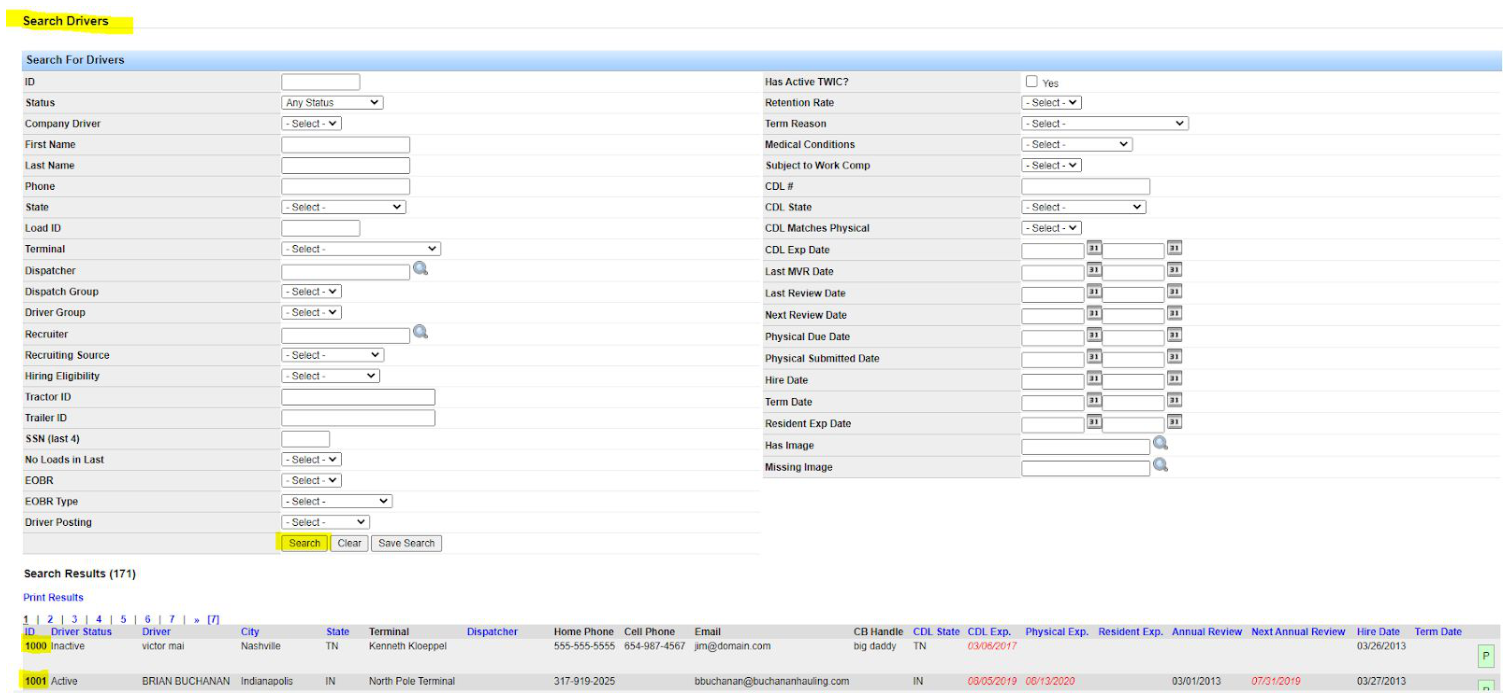 Search Drivers screen for finding and editing an owner operator driver profile.