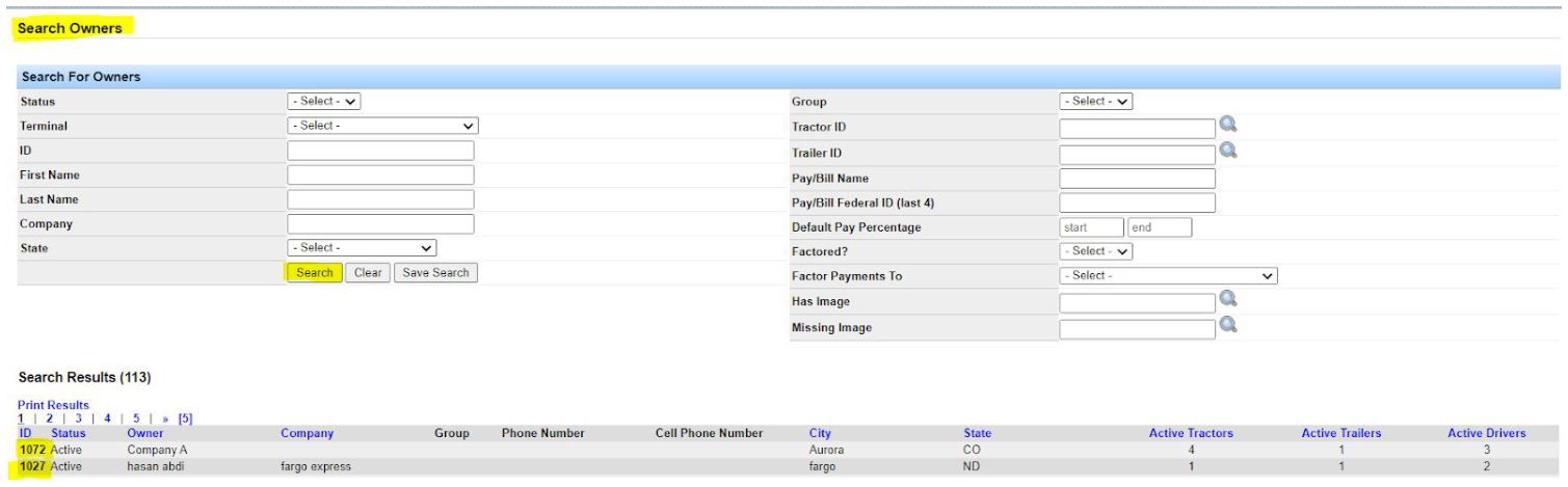 Search Owners screen with filters and results list of owner operators.