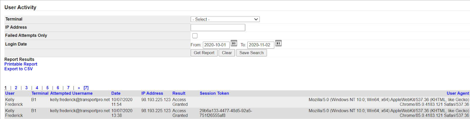 User Activity report with filters and login history results.
