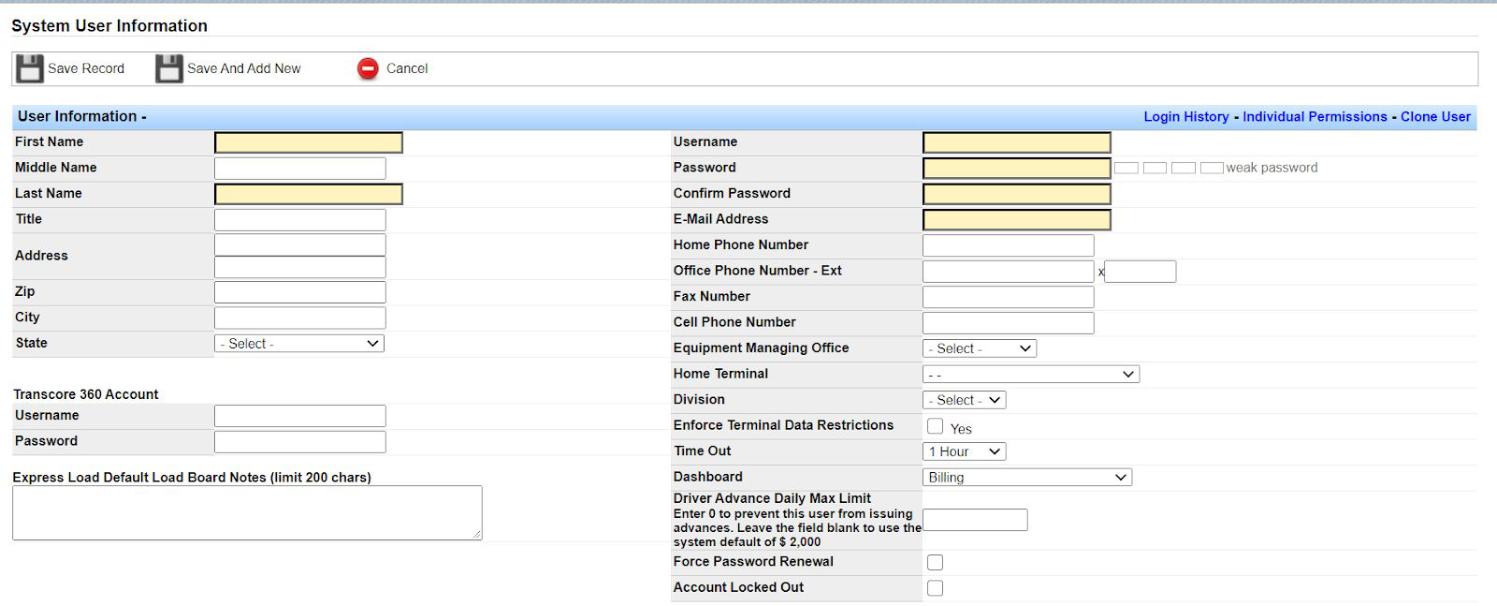 Add System User form with name, address, username, password, and contact fields.