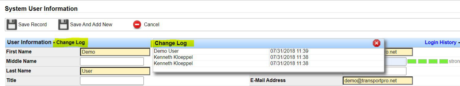 Change Log link on a system user profile showing recent edits.