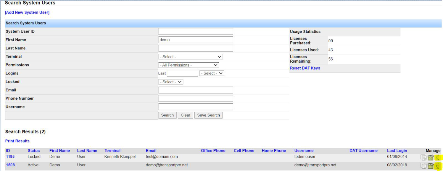 Search System Users results with clone icon to copy a user profile.