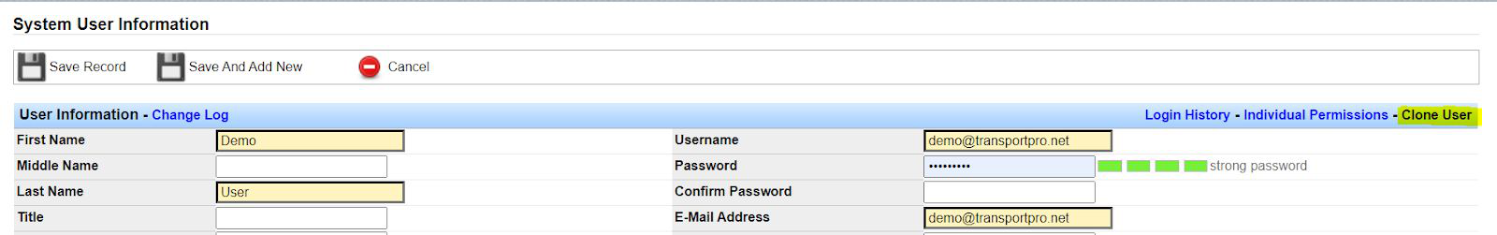 Clone User link on a system user profile.