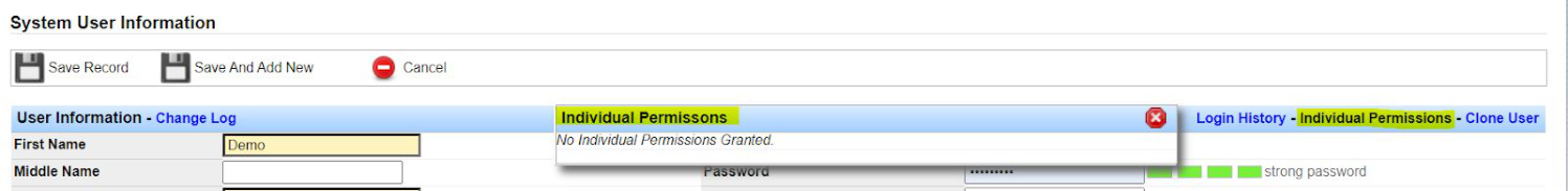 Individual Permissions link and view on a system user profile.