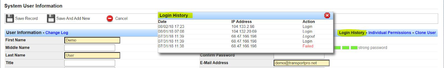 Login History window on a user profile showing dates and IP addresses.