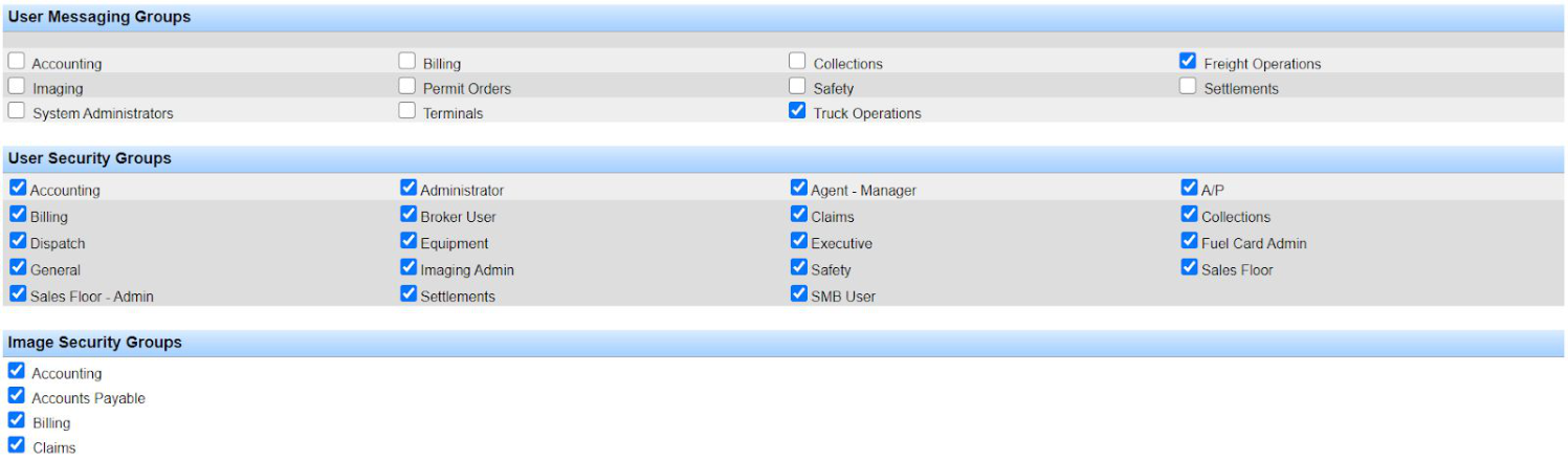 User permissions section with messaging groups, security groups, and related options.