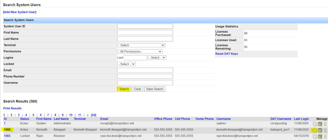 Search System Users with filters, license counts, and results list.