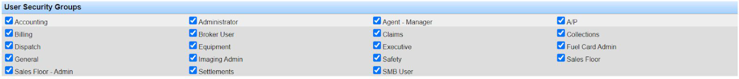 User Security Groups checkboxes corresponding to main menu tabs.