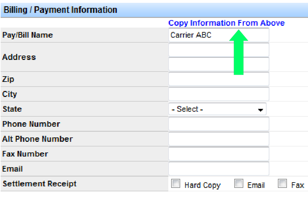 Billing/Payment Information section with Settlement Receipt, Copy Information From Above, and Federal ID fields.