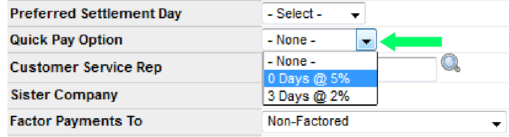 Factor Payments To drop-down assigning a third-party factoring company to the carrier.