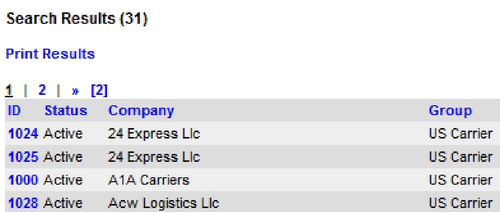 Search results list of broker carriers with ID links.
