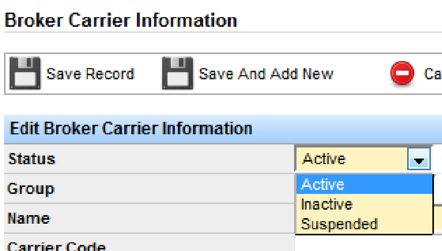 Status and Group drop-down fields on the Add Broker Carrier form.