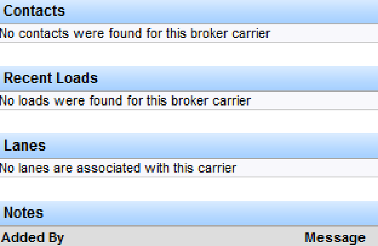 Broker Carrier Summary page showing carrier details, contacts, and recent loads.