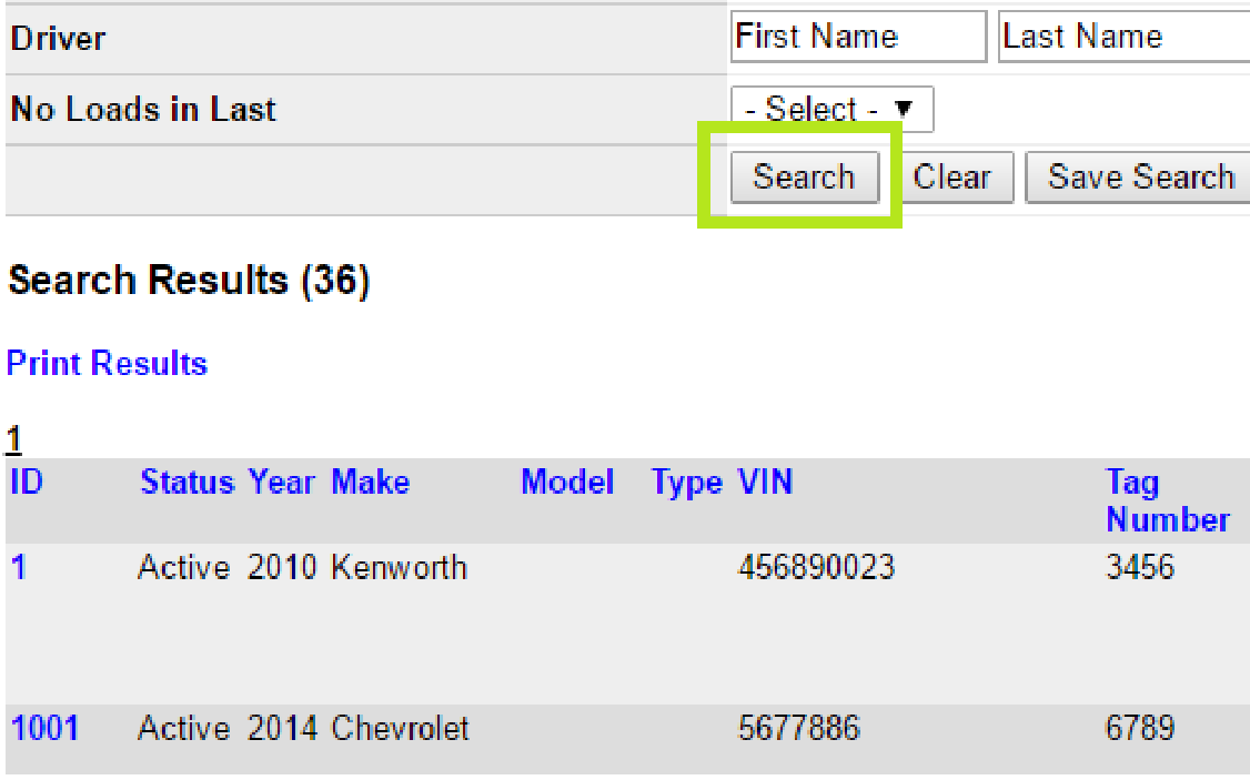 Search Tractors results list showing tractor IDs and equipment details.