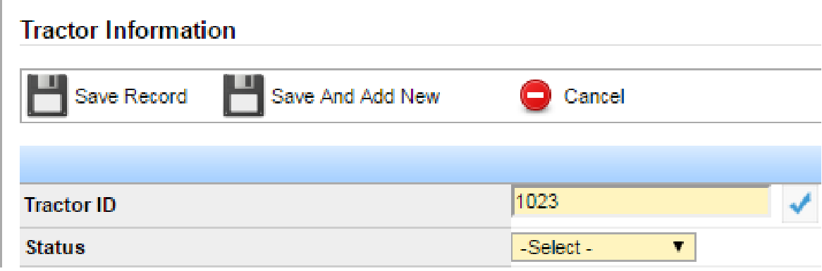 Tractor Information form showing Tractor ID and Status fields with Save Record options.