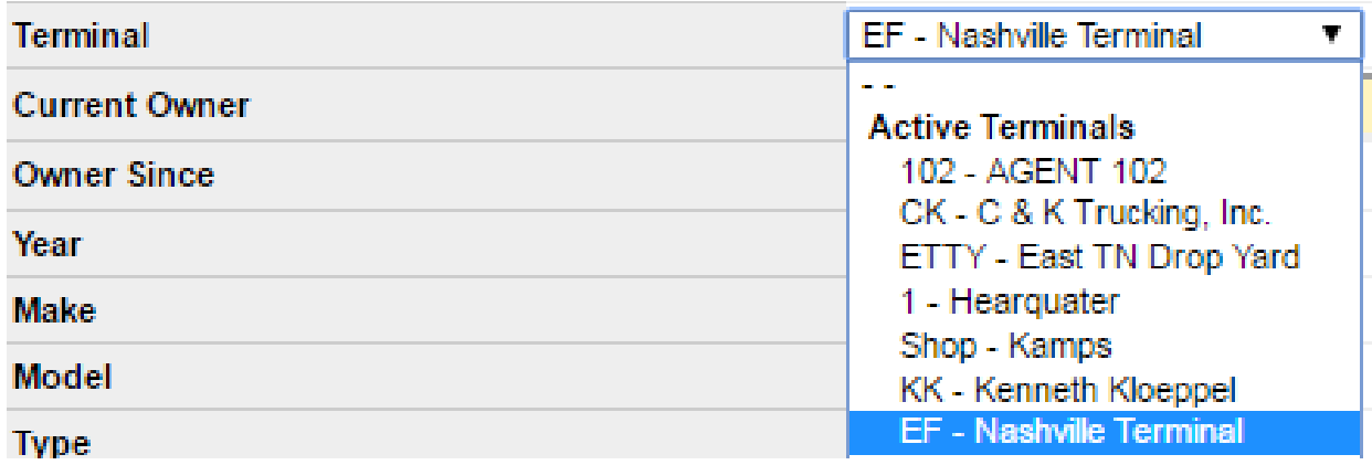 Tractor Information fields for Terminal, Owner, and Owner Since date.