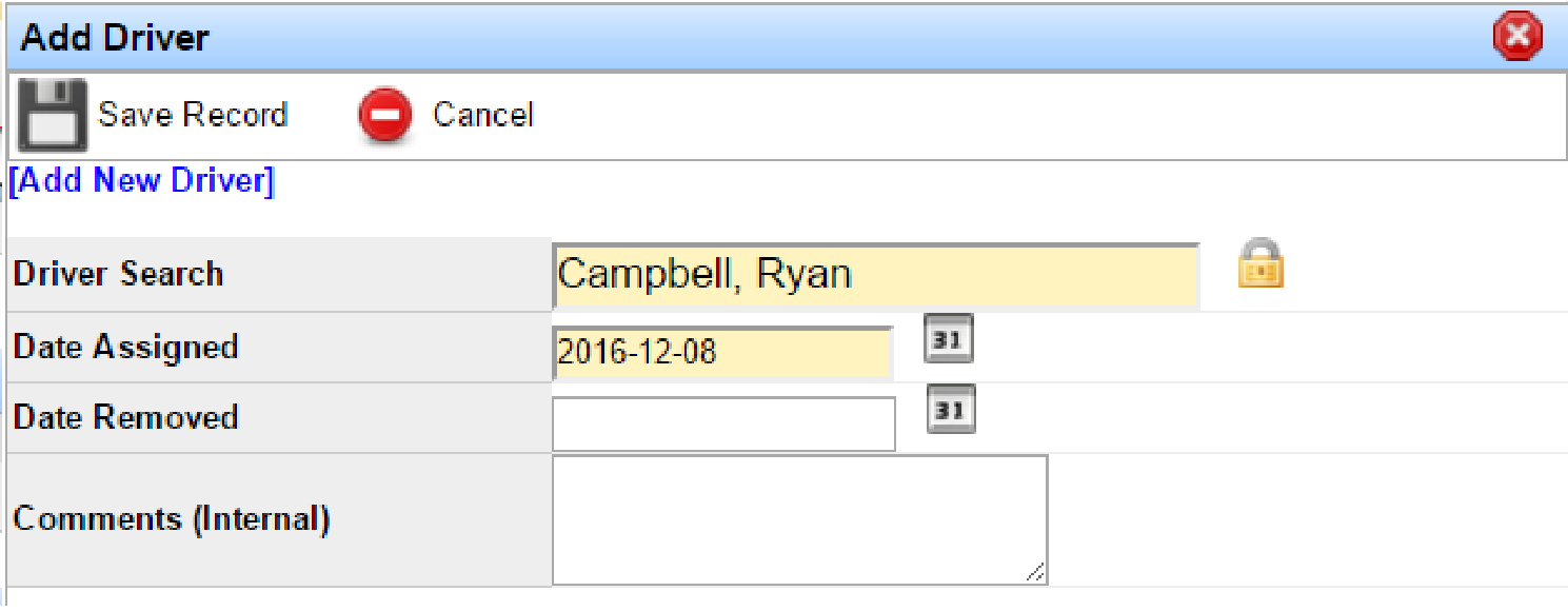 Add Driver window for assigning a driver to a trailer.