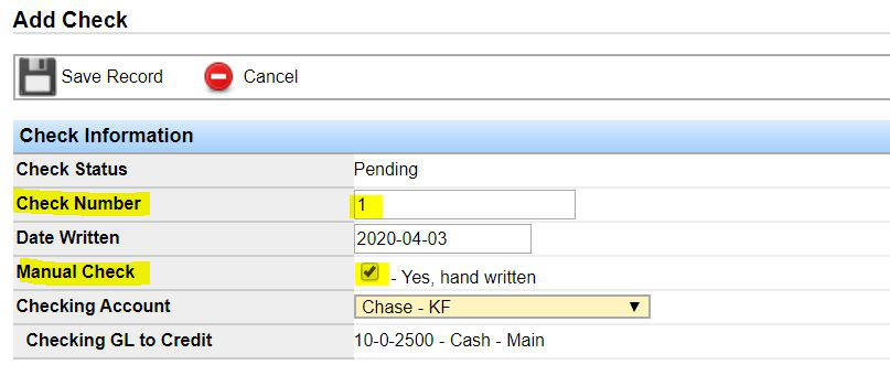 Add Check form with Manual Check set to Yes, hand written and Check Number set to 1.