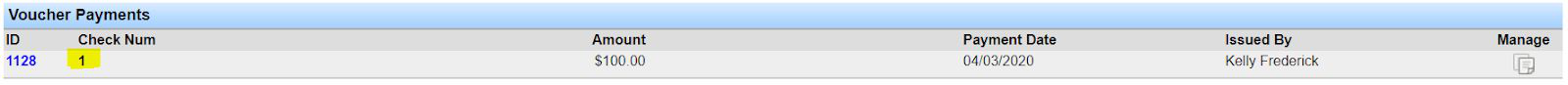 Voucher Payments table showing a recorded payment with Check Num 1 for an ACH payment.