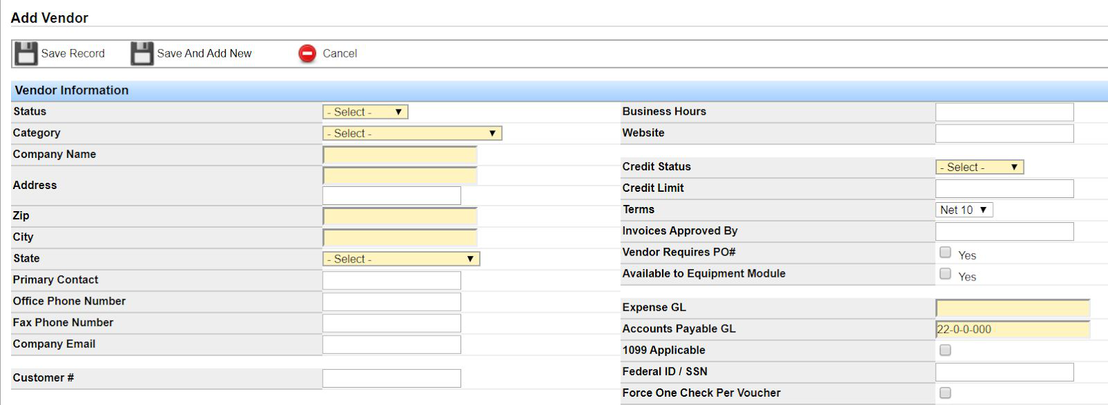 Add Vendor form showing Vendor Information fields including Status, Category, Company Name, address, Terms, Expense GL, and Accounts Payable GL.