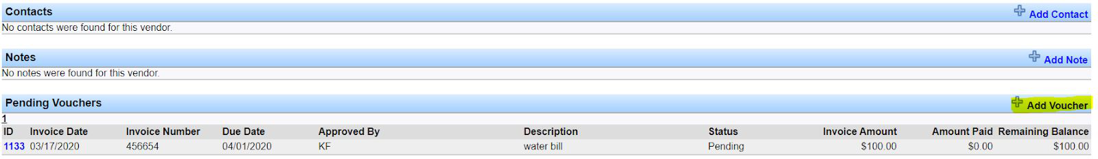 Vendor Summary Pending Vouchers section with + Add Voucher highlighted.