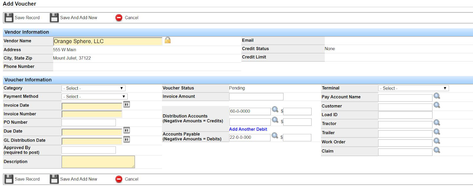 Add Voucher form with Vendor Information carried over and Voucher Information fields for invoice date, amount, distribution accounts, and related tags.