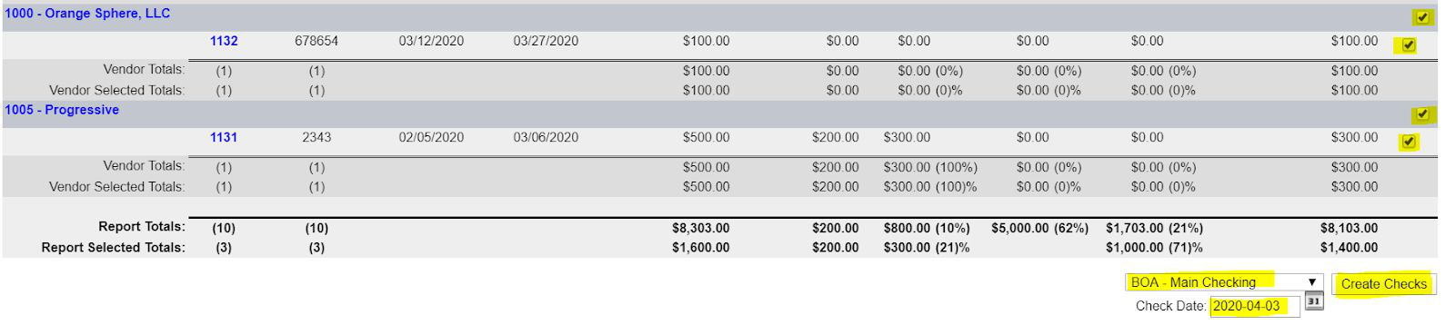 Open Voucher Queue with selected vouchers, bank account, check date, and Create Checks button highlighted.