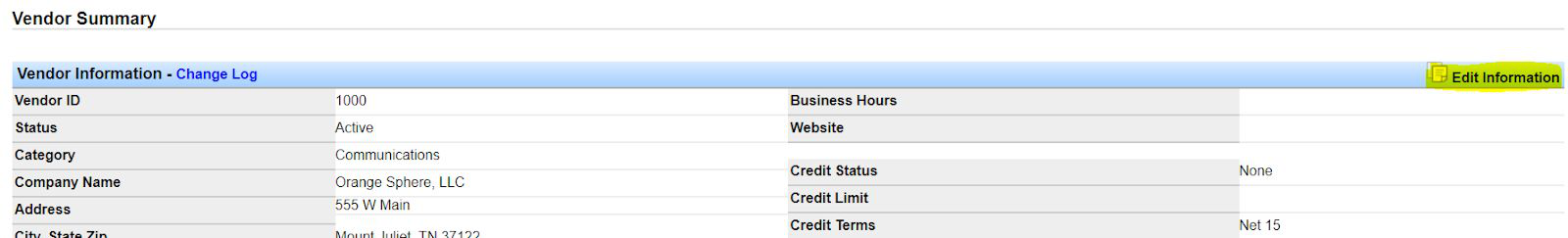 Vendor Summary with Edit Information button highlighted in the upper right.