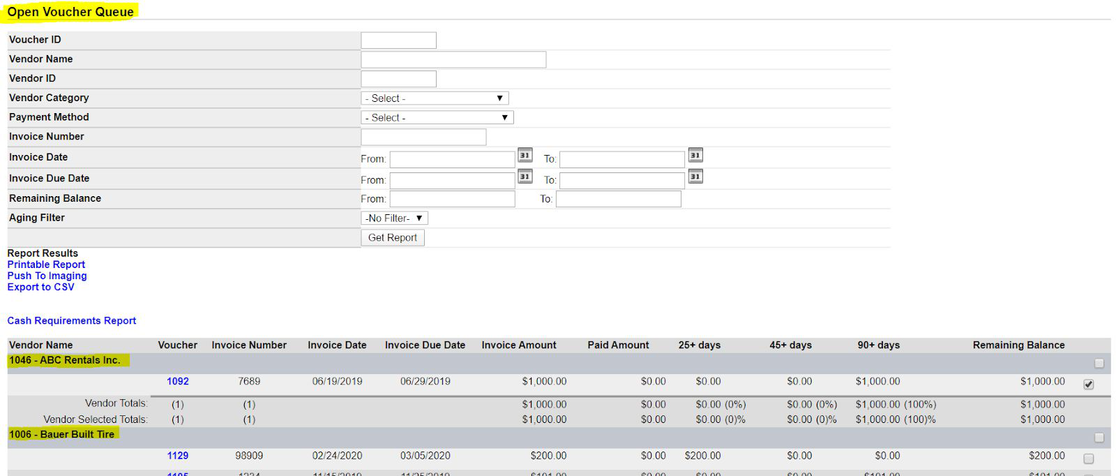 Open Voucher Queue filters and Cash Requirements Report listing posted vouchers by vendor with aging and remaining balance.