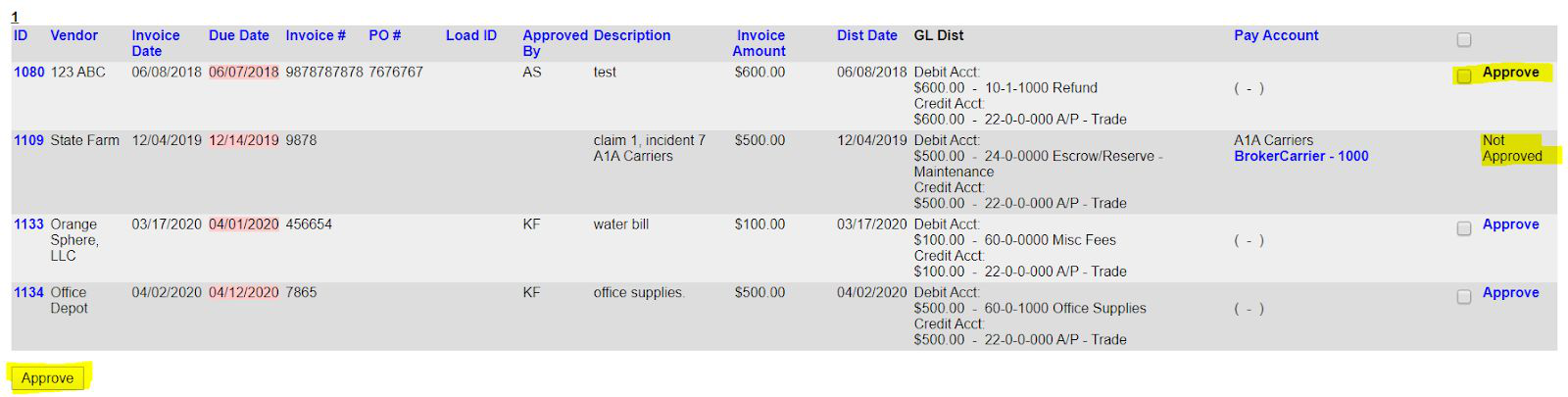 Pending vouchers list showing Approve checkbox for ready vouchers and Not Approved status when Approved By is missing.