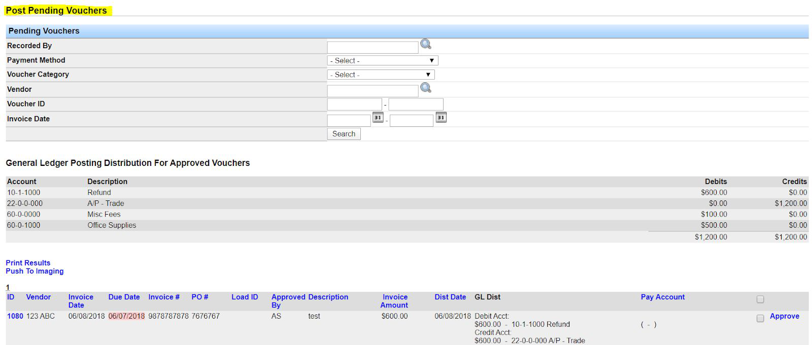 Post Pending Vouchers screen with filters, GL posting distribution summary, and pending voucher results.