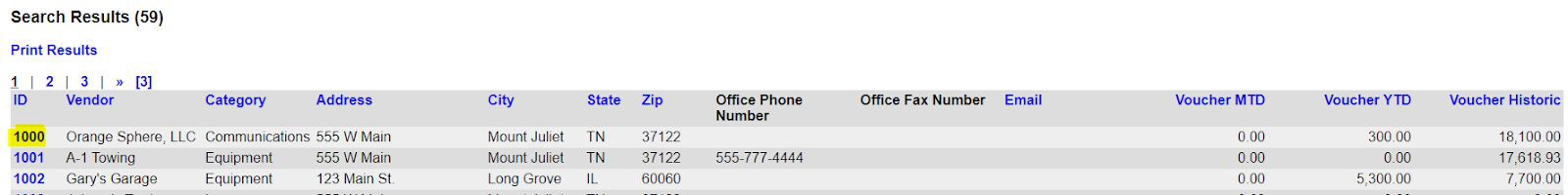 Search Results table with vendor ID highlighted—click the ID to open the vendor record.