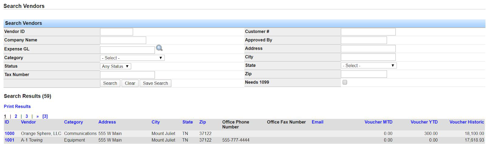 Search Vendors form with filters and search results listing vendor ID, name, category, address, and voucher totals.