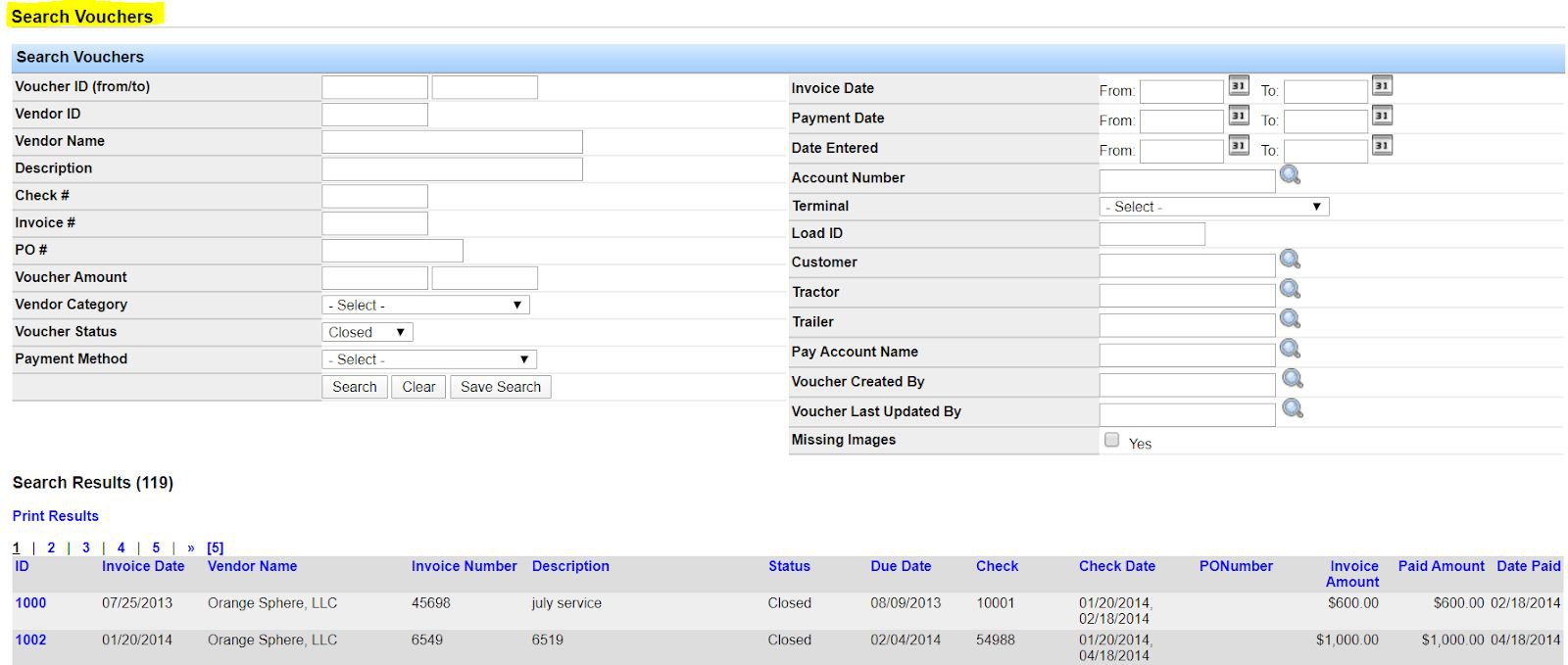 Search Vouchers form with filters and results listing voucher ID, vendor, invoice details, status, and amounts.